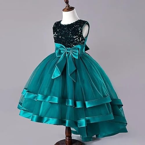 KIYOL Girls Dress with Sequin Bodice & Satin Bow | Round Neck Layered Tulle Frock for Birthday, Wedding & Special Occasions (Kingfisher-Blue-6-7 Y)