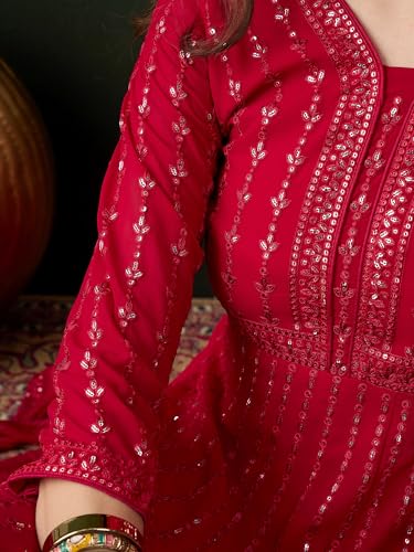 Miss Ethnik Women's Pink Faux Georgette Stitched Top with Unstitched Santoon Bottom and Faux Georgette Dupatta Full Sleeve Embroidered Anarkali Gown (MEY-1106-Pink-XL)