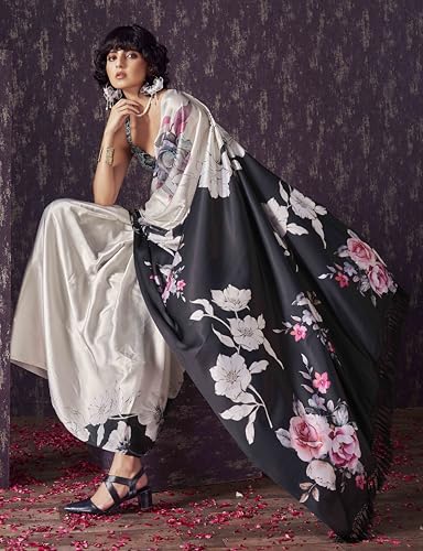 Womanista Women's Satin Two Way Floral Black Saree With Un-stitched blouse