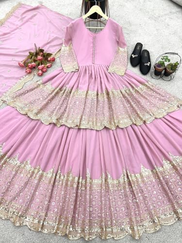 Women's Pink Georgette Tiered Anarkali Gown with Dupatta | Women's Pink Georgette Tiered Anarkali Gown with Dupatta