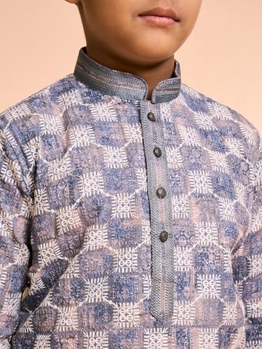 Manyavar Boys Cotton Blend Chikankari Checkered Print Kurta Pyjama Set (Dark Grey,5-6Y)
