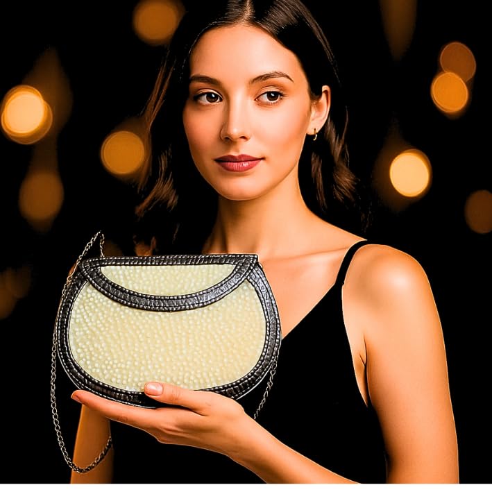 Handmade Pearl Mosaic Evening Clutch, Brass Frame with Chain Strap, Traditional Wedding Party Purse