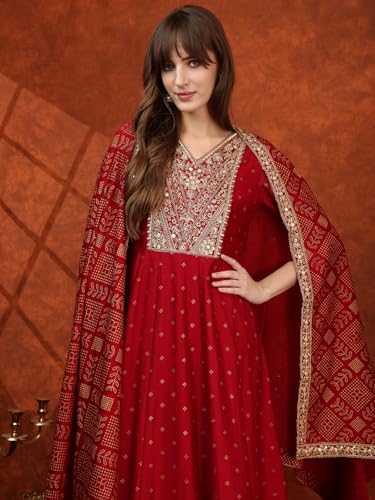 NIVANA Embroidered Anarkali Kurta with Pant & Bandhni Printed Dupatta | XL | Maroon | V-Neck | 3/4 Sleeves
