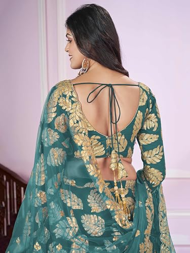 Zeel Clothing Women's Sequins Zari Embroidered Pure Georgette Semi Stitched Lehenga Choli With Dupatta (5120-Teal-Green-Wedding-Stylish-Lehenga-Choli-Latest; Free Size)
