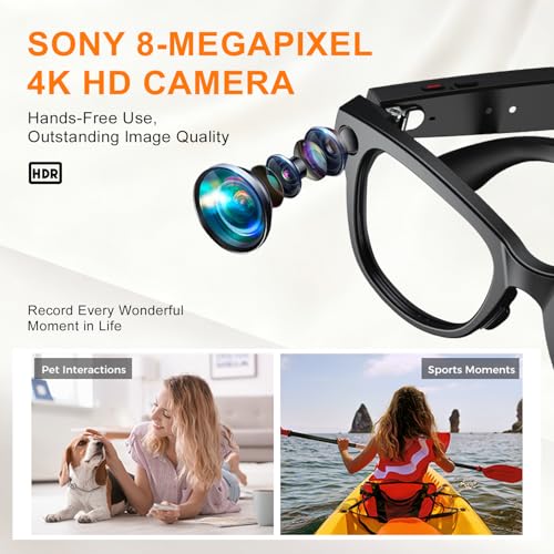 Stormfashion AI Smart Glasses with Camera & Bluetooth, 8MP HD Video Recording, Auto-Tinting Lenses, Open Ear Speakers, Real-Time Translation, for iOS/Android (Clear)