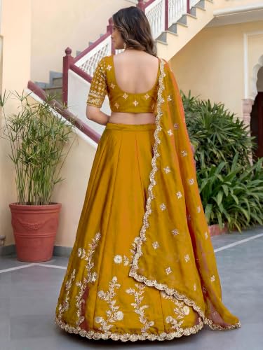 Zeel Clothing Women's Thread and Sequins Embroidered Work Silk Lehenga Choli With Dupatta (5135-Yellow-Women-Lehenga-Choli-Latest; Free size) (Yellow)
