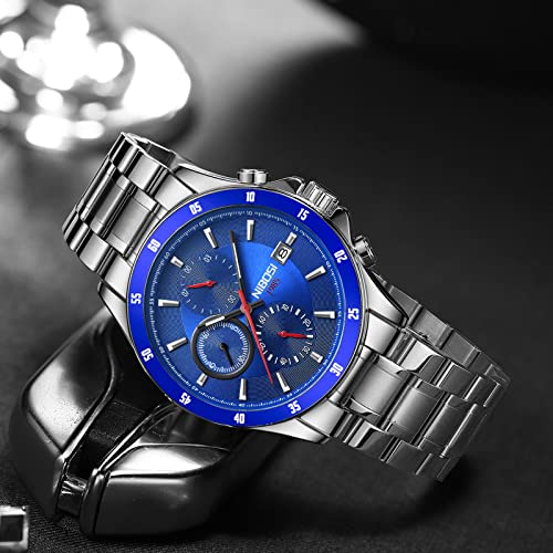 NIBOSI Ultra-Thin Minimalist Fashion Quartz Analog Sleek Mesh Stainless Steel Waterproof Chronograph Watch For Men With Auto Date Wrist Watch Boy's Husband Steel Strap (Blue)