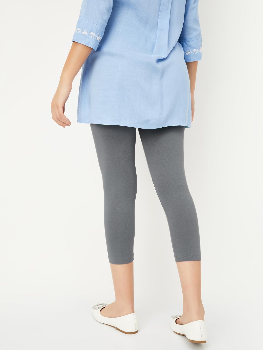Max Women Solid Calf Length Leggings, Grey, L