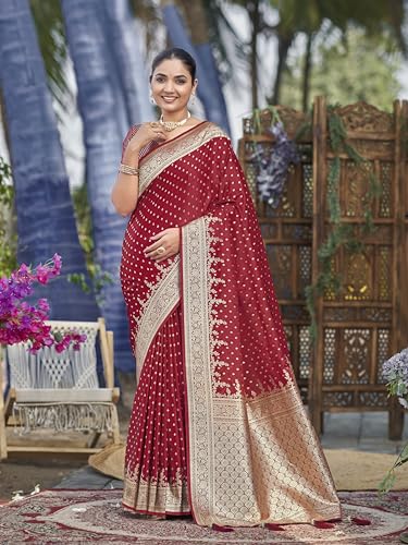 MANOHARI Women's Most Trendy Banarasi Satin Silk Woven Red Saree With Heavy Jacquard Work Saree With Blouse Piece_MN2023