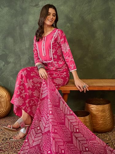 VARNI FABRIC Rayon Kurta Set for Women |Full Sleeves Floral Printed A-Line Kurta Set | Woman Salwar Suit with Pant & Dupatta | Festive Wedding Ethnic Wear | Prefect for Office Summer | Rani | 3XL