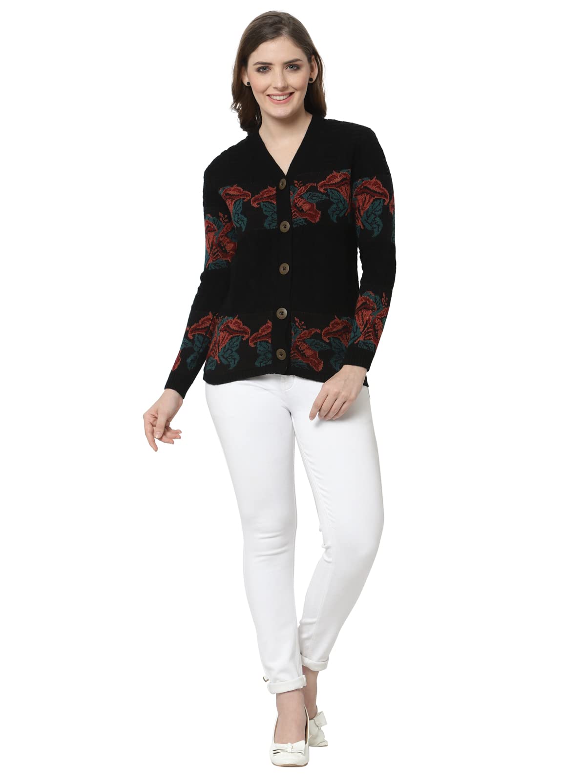 Kalt Women Sweater for Winter Woolen Acrylic Full Sleeves V Neck Floral Design Cardigan Sweater for Women Winter Woollen Stylish(Black;3XL)