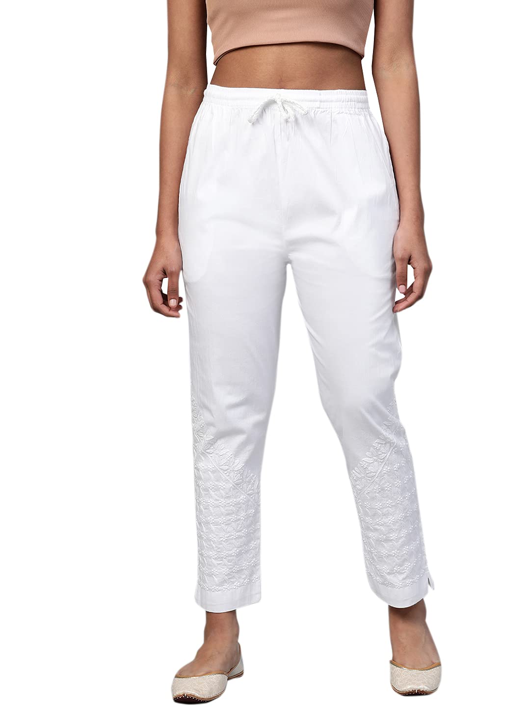 Ada Hand Embroidered Lucknowi Chikankari Straight White Cotton Palazzo Pant Trouser for Womens A711127 (2XL)
