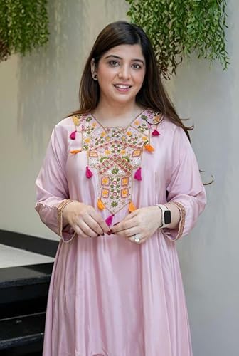 AVYUKTHA | Women Ethnic Motifs Embroidered Empire Kurta Set with Trors & Dupatta | Thread Work Fit Ethnic for Women | Pink | Size- XL