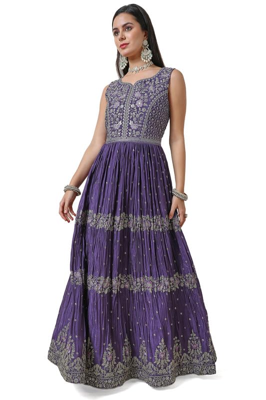 Soch Womens Purple Zari Embroidered Chinon Blend Ethnic Gown