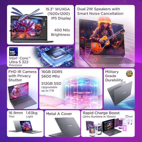 Lenovo IdeaPad Slim 3 Intel Core Ultra 5 322 Next-Gen AI PC (16GB RAM/512GB SSD/15.3" (38.8cm)/WUXGA IPS/Copilot+ PC/Windows 11/MSO 365 Basic+Office 2024/Backlit Keyboard/Grey/1.6Kg), 83UR009QIN