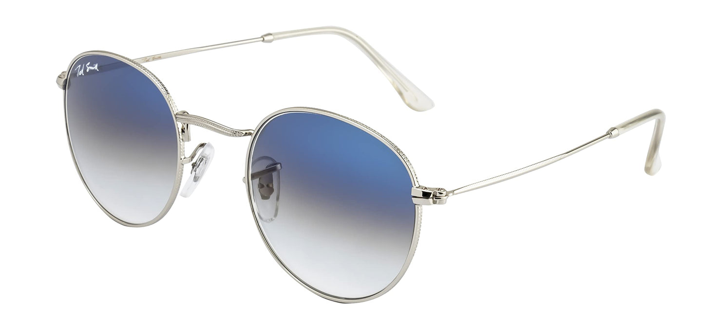 Ted Smith Men's Women's Glass UV Protection Blue Graded Lens Silver Round Sunglasses