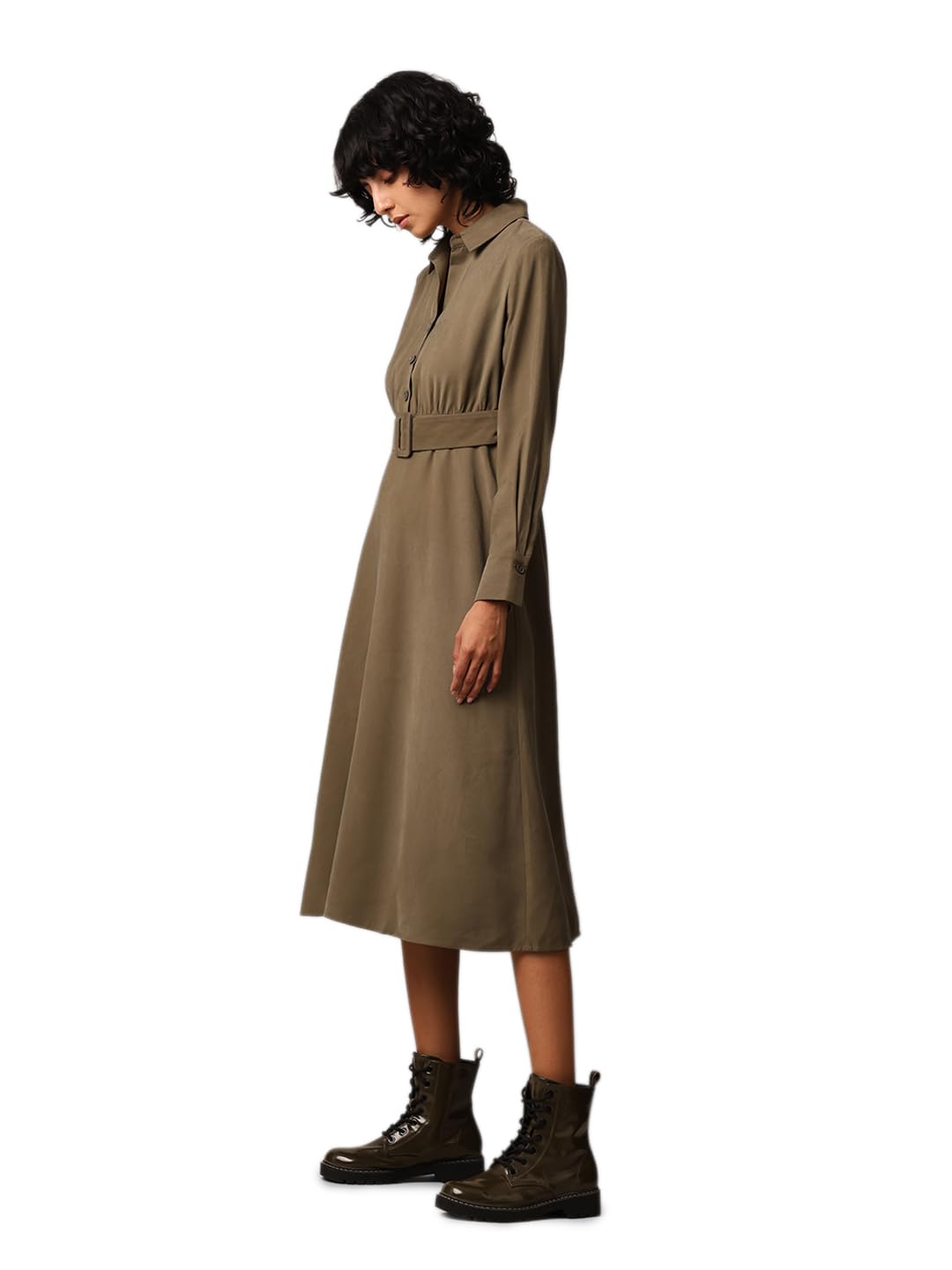 ONLY Women Solid Regular Fit Casual Olive Shirt Dress