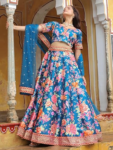 Zeel Clothing Women's Art Silk Digital Print With Dori, Sequins, And Stone Work Art Silk Semi Stitched Lehenga Choli With Dupatta (7515-Teal-Blue-Wedding-Floral-Lehenga-Choli; Free Size)