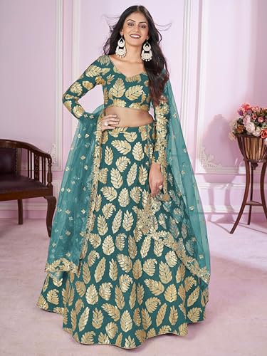 Zeel Clothing Women's Sequins Zari Embroidered Pure Georgette Semi Stitched Lehenga Choli With Dupatta (5120-Teal-Green-Wedding-Stylish-Lehenga-Choli-Latest; Free Size)