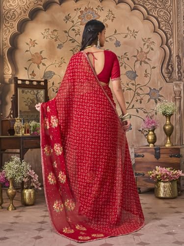 Laxmipati Monaco Embellished Floral Embroidered Chiffon Saree in Red Color
