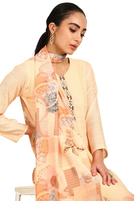 Soch Womens Light Yellow Abstract Print Linen Unstitched Dress Material With Mirrors