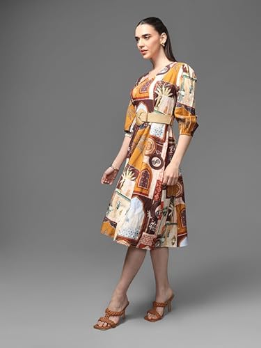 Kazo Souks Midi Dress with Belt (Brown_L)