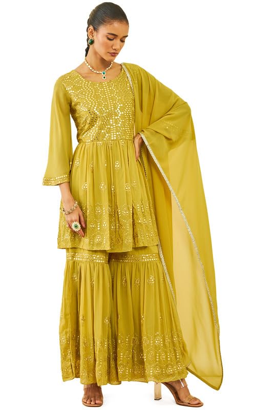 Soch Womens Mustard Georgette Embroidered Sharara Suit Set with Faux Mirror Work