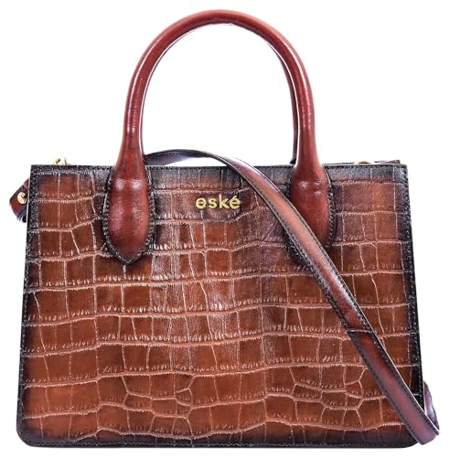 eske Noah Compact Croco Leather Handbag for Women | Italian Leather Satchel with Slider Clasp | 3 Compartments, Zipper & Slip Pockets | Removable Strap & Handles | Small Designer Office Bag (Dark Tan)