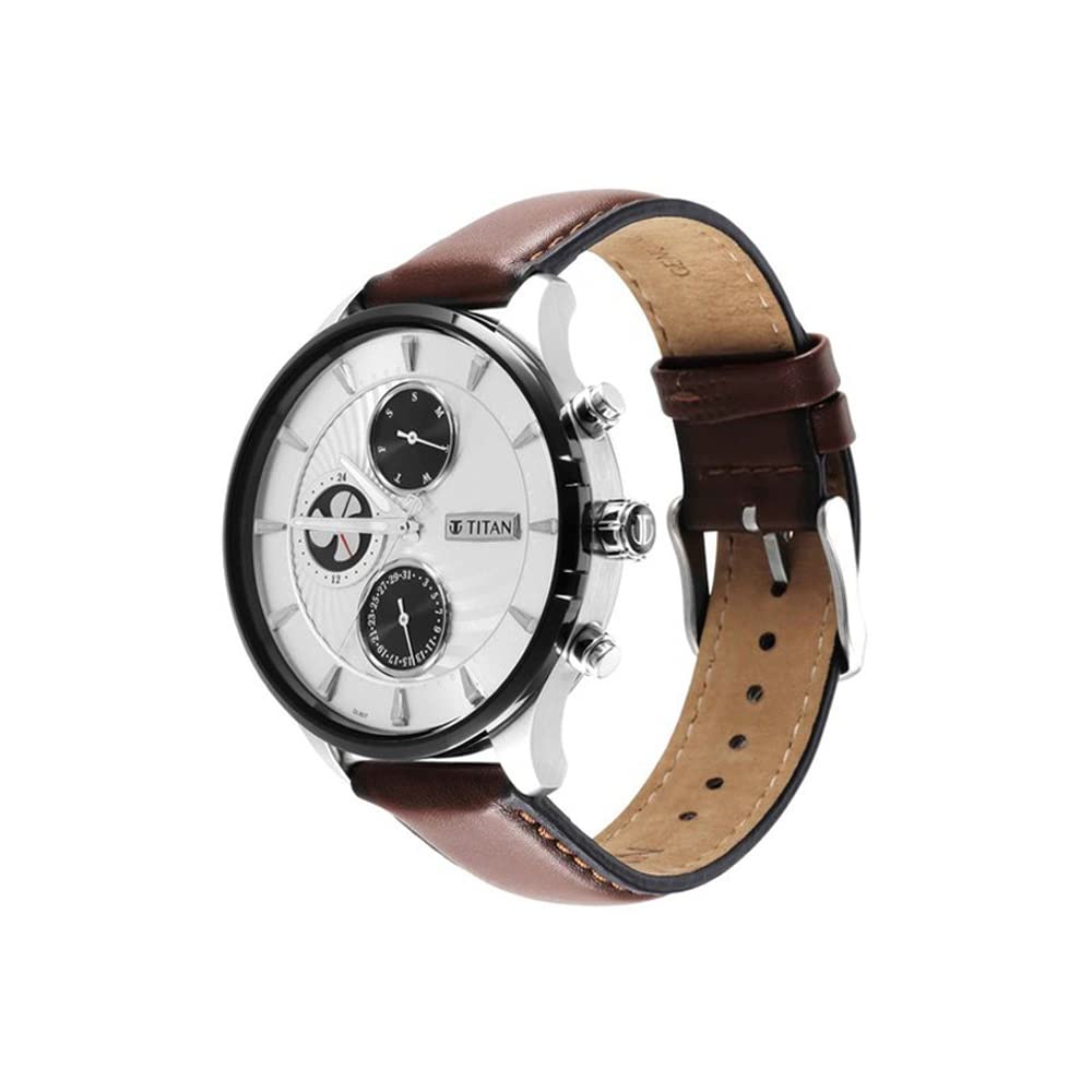 Titan Regalia Maritime White Dial Quartz Multifunction Leather Strap Watch for Men-NS1873KL01