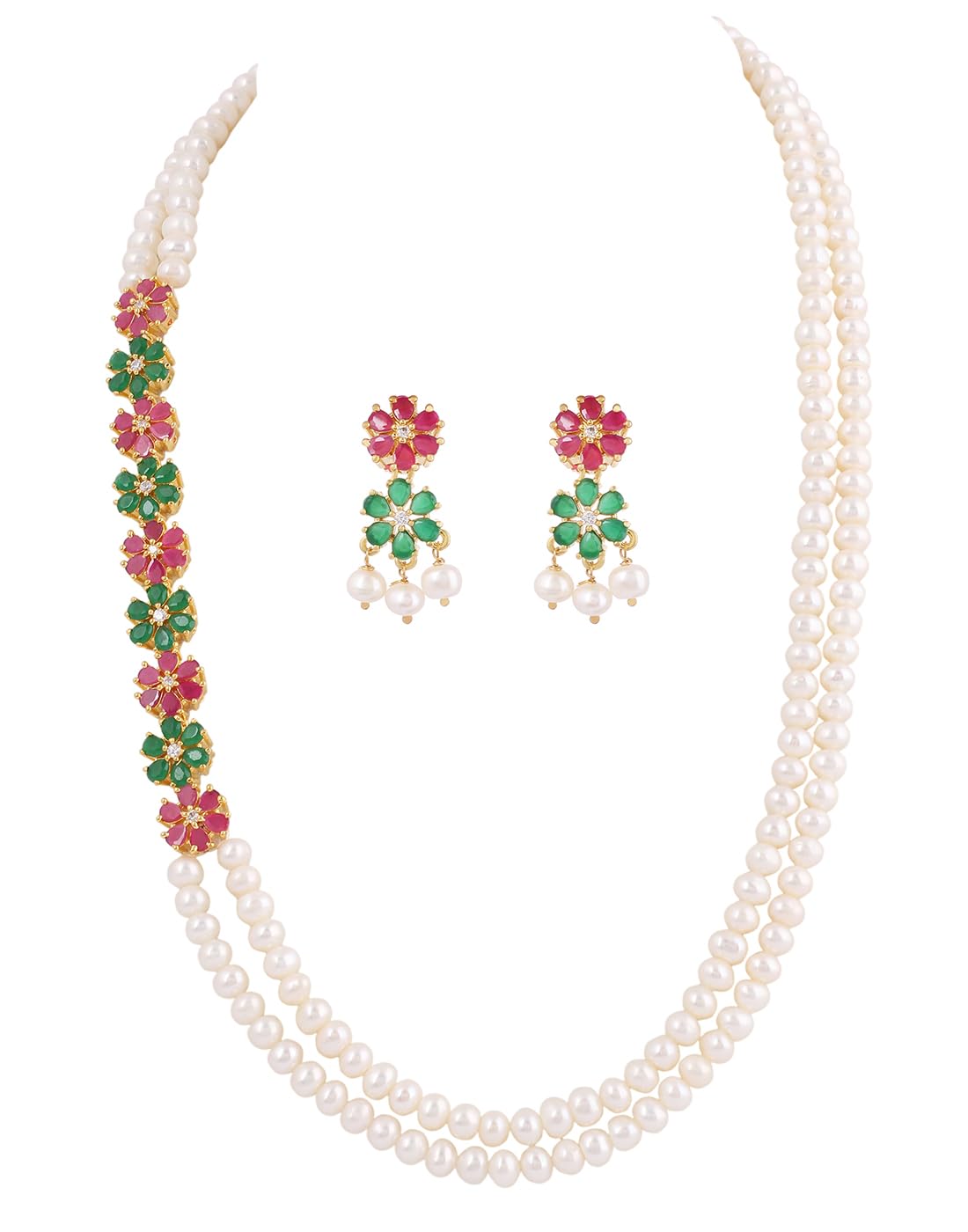 Real Natural Fresh Water Pearls Flower Necklace Set With Certificate For Women Girls (Multi)