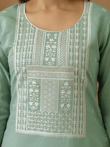 TRENDMALLS Women's Cotton Silk Embroidery Work Kurta Pant Set with Dupatta (G399-LightGreen-M-)