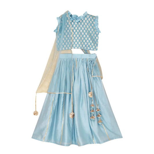 Hopscotch Girls Cotton Floral Print Readymade Lehenga Choli Ethnic Set With Dupatta In Blue Color For Ages 8-9 Years (Frh-4545687)