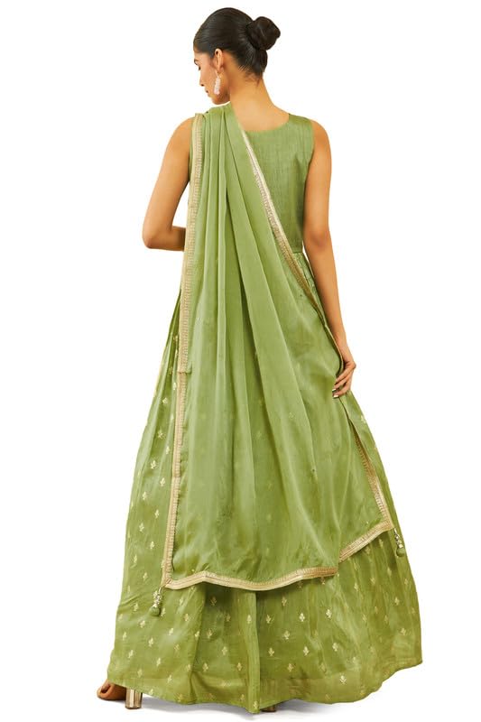 Soch Womens Green Organza Woven Design Ethnic Gown with Mirrors