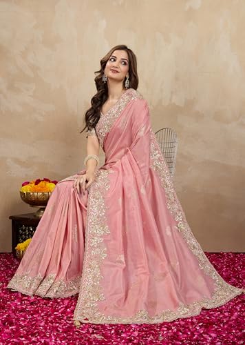 TRENDMALLS Women's Jacquard Silk Embroidery work Saree with Unstitched Blouse Piece (K1063-Peach)