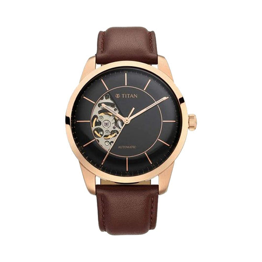 Titan Automatics Black Dial Automatic Leather Strap Watch for Men-NS90126WL02