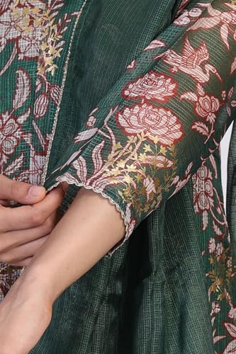 W for Woman Floral Printed Metallic Embroidered Flared Kota Doria Kurta with Pant and Dupatta Set - Green (WS13278-126619-L)