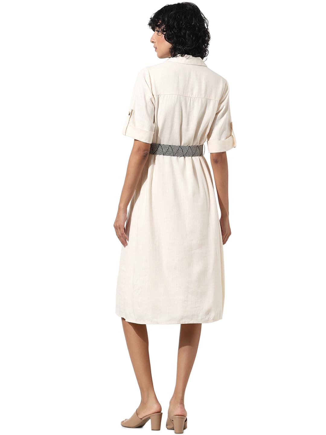 ONLY Women Solid Viscose Midi Cream Shirt Dress
