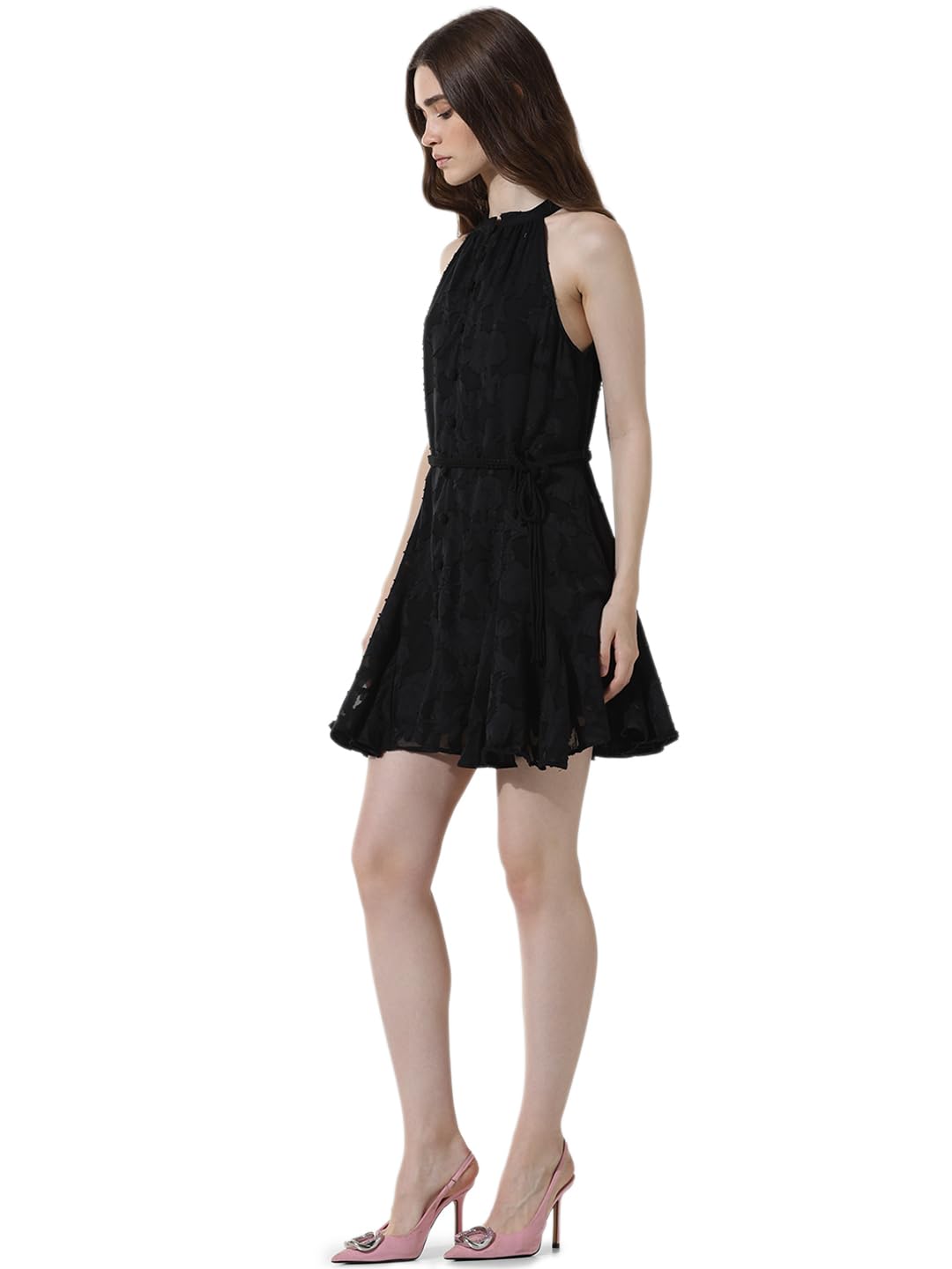 ONLY Women Self Design Polyester Above Knee Black A-line Dress