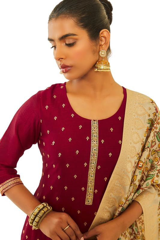 Soch Womens Maroon Silk Blend Embroidered Suit Set with Zari Woven Dupatta