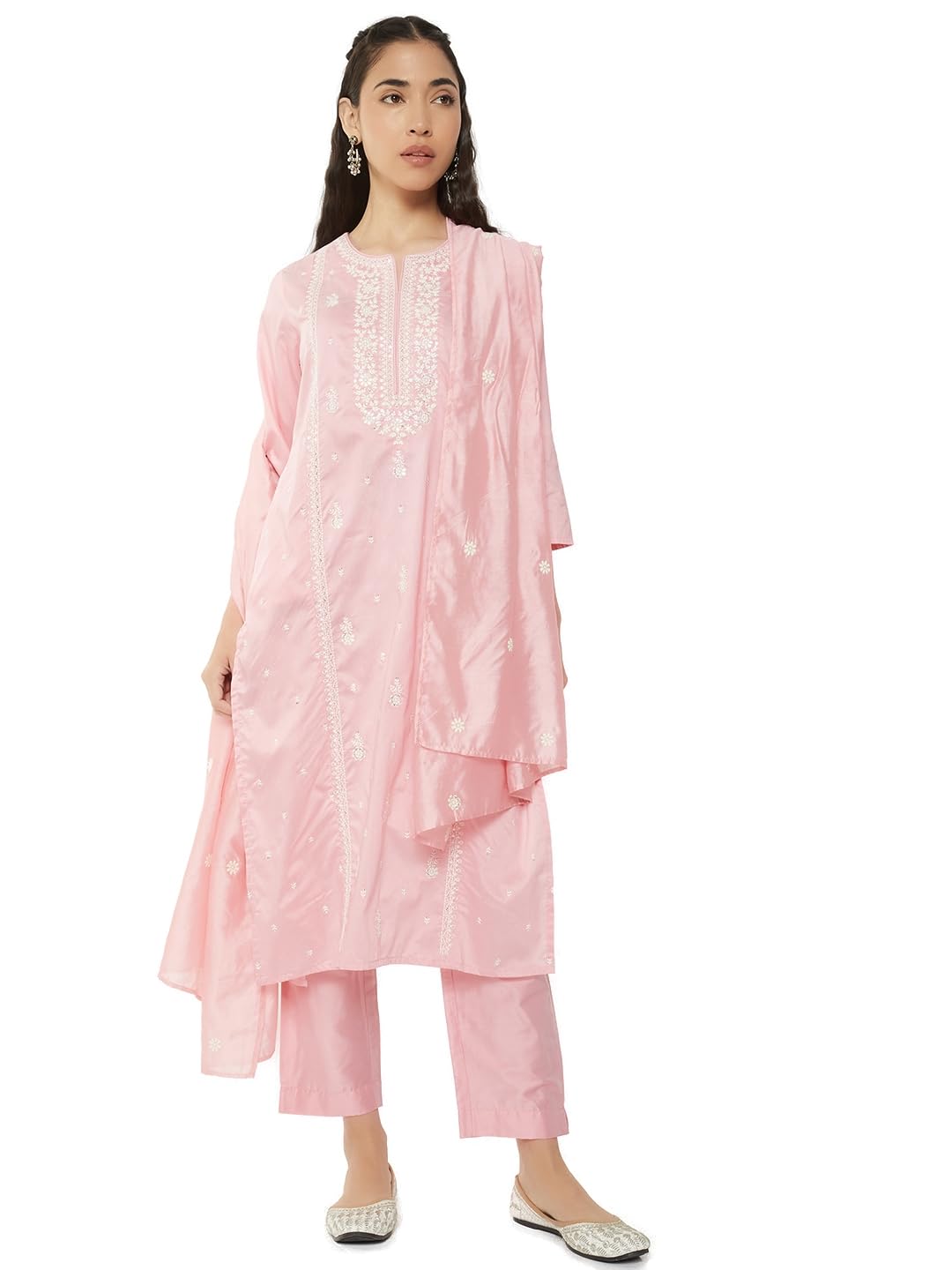 Max Women Embroidered Straight Kurts Set (Pink_XL)