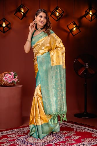 MIMOSA Women's Woven Design Kanjivaram Style Art Silk Saree With Blouse Piece : Sa00001783Gdfree,Gold