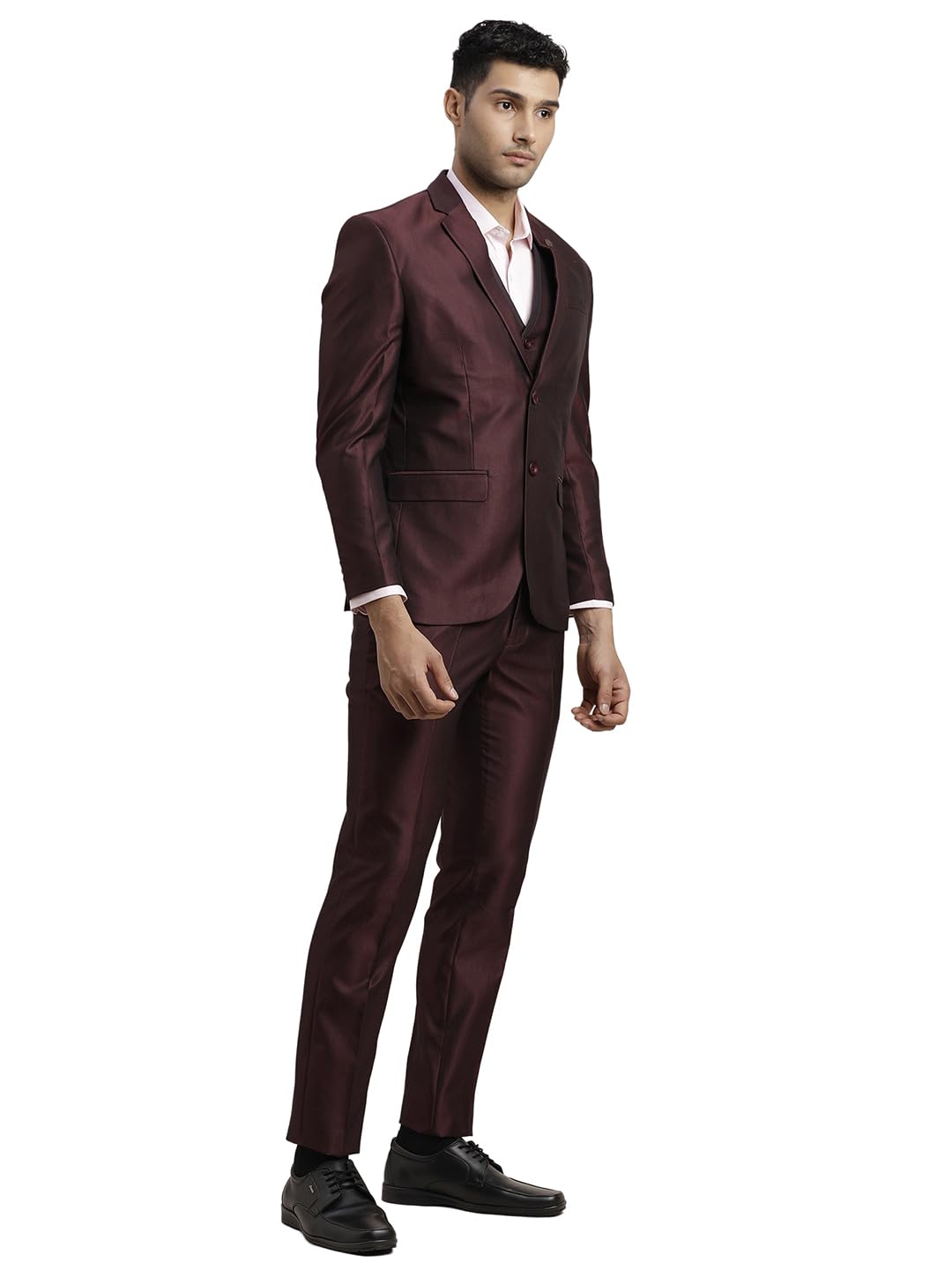 Turtle Men Poly-Viscose Dobby Print Full Sleeve Three Piece Brown Party Suit