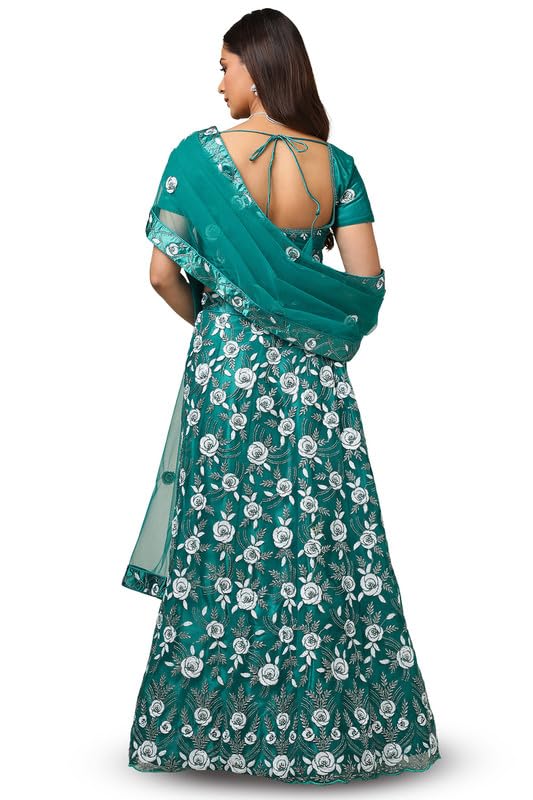 Soch Womens Teal Net Embellished Unstitch Ghagra Choli With Sequins