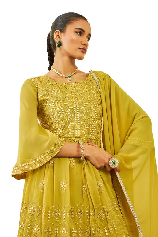 Soch Womens Mustard Georgette Embroidered Sharara Suit Set with Faux Mirror Work