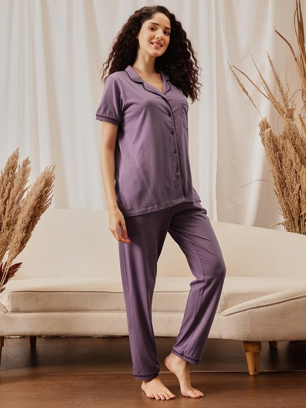 Clovia Women's Cotton Button-Down Shirt & Pyjama Set (LS0795P15_Purple_M)