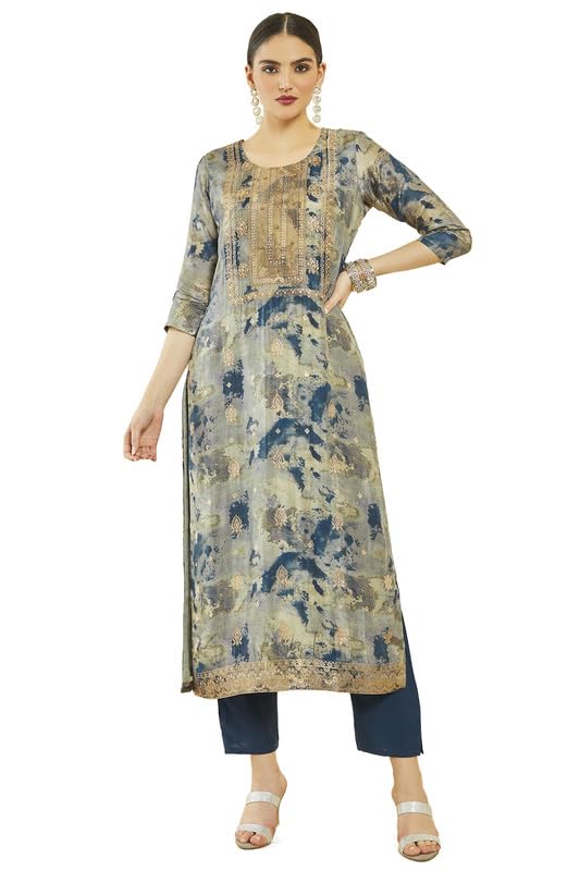 Soch Womens Navy Blue Brocade Abstract Print Suit Set with Zari Woven Dupatta