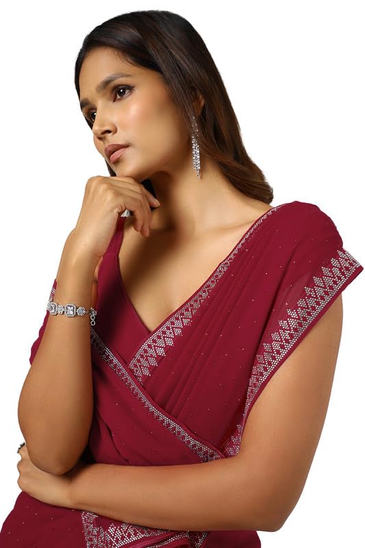 Soch Womens Maroon Georgette Saree With Stone Work