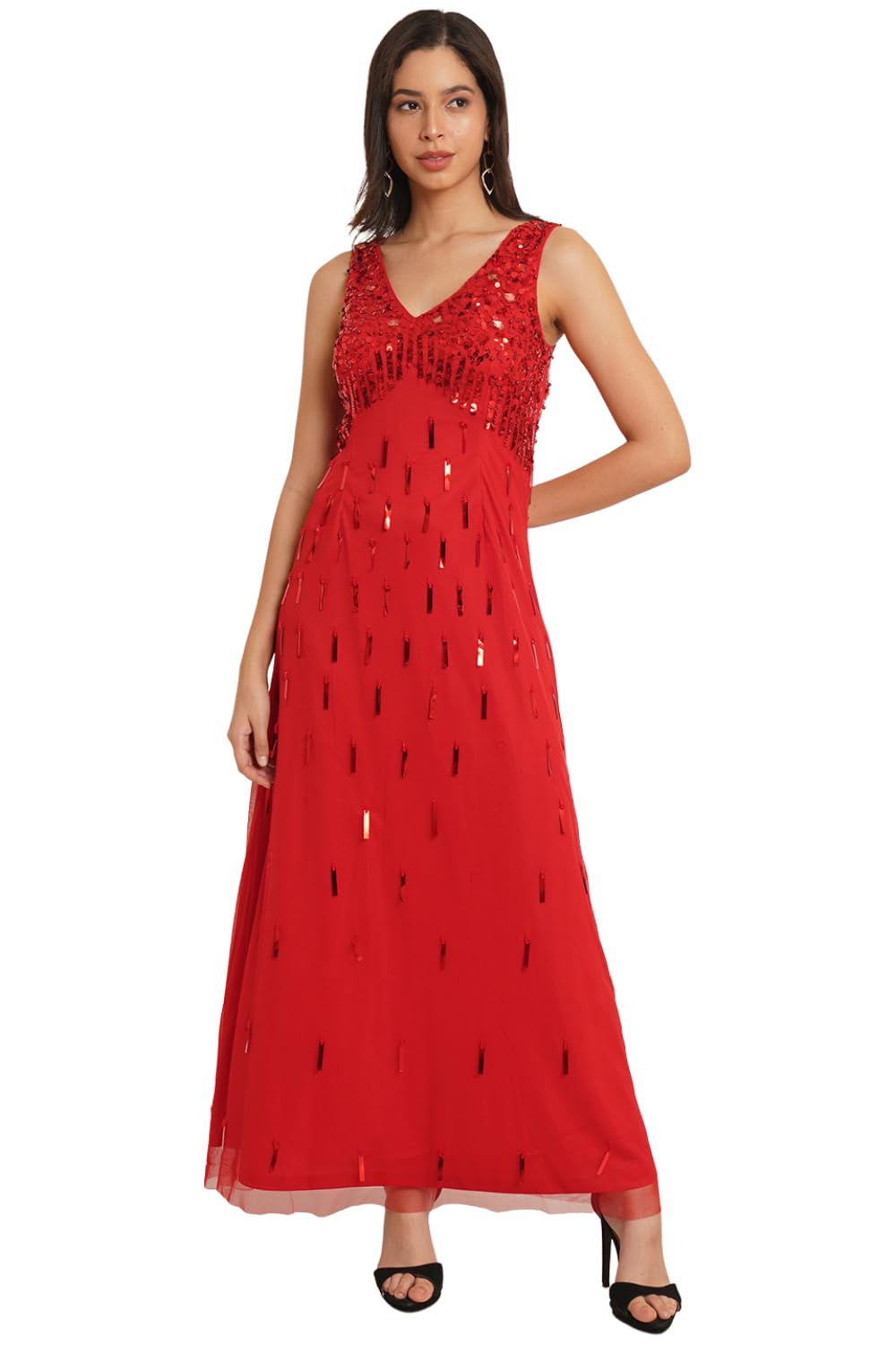 9 Impression Women Embellished V-Neck Maxi Gown (Red; S)