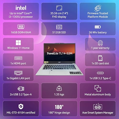 acer TravelLite Business Laptop, 13th Gen, Intel Core i3-1305U Processor (Windows 11 Home/16 GB RAM/512 GB SSD) TL14-52M with 35.5 cm (14") Full HD Display, 1.34 kg