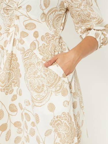Max Women Printed A-line Midi Dress(Beige_M)